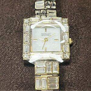 Badgley Mischka Crystal Bracelet Watch BNIB Gold Square Iridescent Face Working!